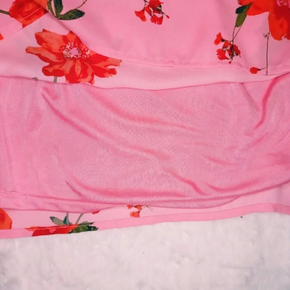 SHEER FLORAL CRISSCROSS NECKLINE BLOUSE